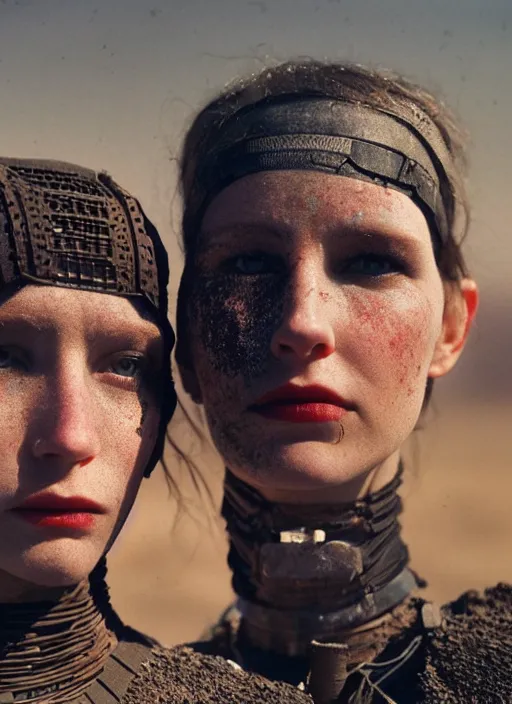 Image similar to cinestill 5 0 d photographic portrait by helen levitt of two loving female androids wearing rugged black mesh techwear on a desolate plain, extreme closeup, modern cyberpunk, dust storm, 8 k, hd, high resolution, 3 5 mm, f / 3 2, ultra realistic faces, ex machina