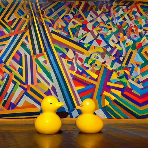 Image similar to 1 8 mm f / 8 wide shot, one! photorealistic rubber duck in foreground on a pedestal in an cavernous museum gallery, metropolitan museum of art, the walls are covered with colorful geometric wall paintings in the style of sol lewitt, tall arched stone doorways, through the doorways are more wall paintings in the style of sol lewitt.