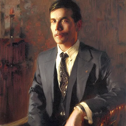 Image similar to detailed portrait of man in black suit, spring light, painting by gaston bussiere, craig mullins, j. c. leyendecker