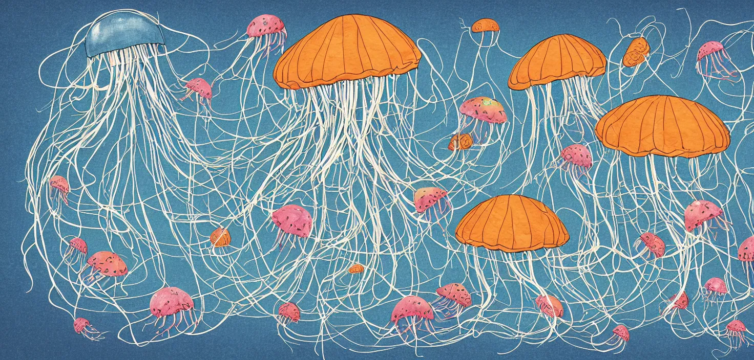 Image similar to cartoon storybook illustration of A floating island of jellyfish tangled together into nets by jellyfish cannons