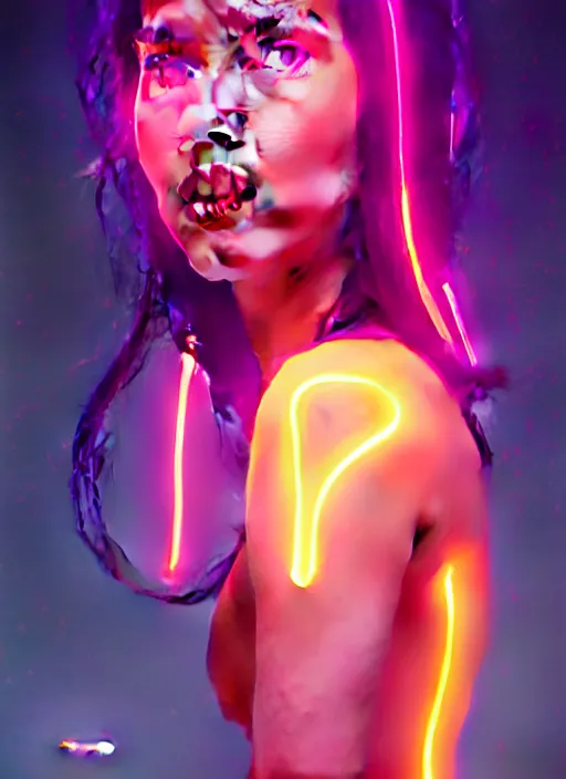 Prompt: beautiful neon woman, by greg rutkowski, symmetry, concept art by artgerm, distance render portrait of a hyper realistic, pixar, intense, epic, powerfull, alphonse mucha, octane render, highly detailed, high quality, 8 k, soft lighting, path traced, and uang guangjian and gil elvgren, symmetry!!