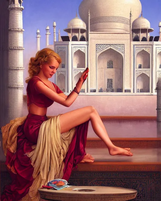 Prompt: tuesday weld visits the taj mahal by charlie bowater, by francine van hove, by alex horley, by tom chambers, by gil elvgren