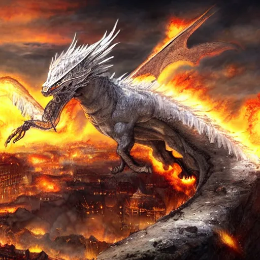 Image similar to illustration of a white dragon destroying a town with fire, realistic painting, high definition, digital art, matte painting, very detailed, realistic