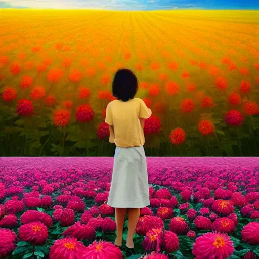 Image similar to giant dahlia flower head, full body girl standing in a flower field, surreal photography, sunrise, dramatic light, impressionist painting, colorful clouds, digital painting, artstation, simon stalenhag