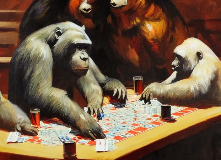 Prompt: gorrila and bear, playing poker highly detailed beautiful, by gregory manchess, james gurney, james jean