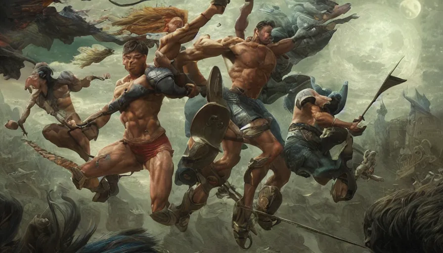 Image similar to epic masterpiece tournament, hyperrealistic, octane render, cinematic, night, moon, muscular bodies, sweaty skin flying kicks, magic, by Edgar Maxence and Ross Tran and Michael Whelan, Lorenzo Sperlonga Legends of Runeterra