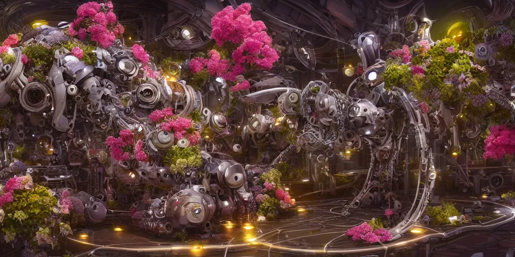 Image similar to a lovely mechanical cornucopia of flowers, sci-fi futuristic, utopian, machine parts, wires, circuits, highly detailed, octane render, cinematic