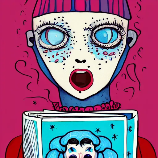 Image similar to crying cute eyes mouth pink ice cream, blue waffle cone, jester themed, intricate concept art, thick line drawing, 1 9 8 3 horror painted book cover art