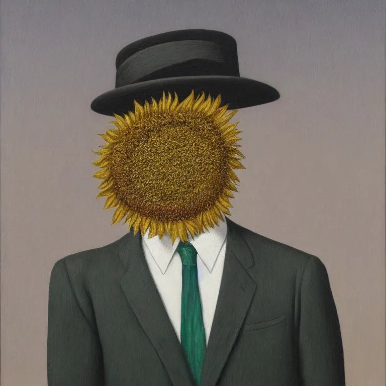 Image similar to portrait of a faceless sunflower - head man in a suit by rene magritte, detailed painting, distance, centered, hd, hq, high resolution, high detail, 4 k, 8 k