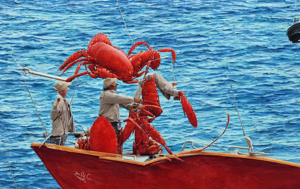 Prompt: a lobster boat with a captain! who is a live lobster gentleman!! he is throwing a human being!! off the boat because he is too small. hyperrealistic ocean scene, telephoto