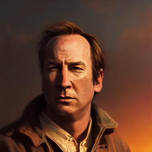 Image similar to portrait of bob odenkirk, sunset, gorgeous view, depth, painted by seb mckinnon, high detail, digital art, painted by greg rutkowski, trending on artstation