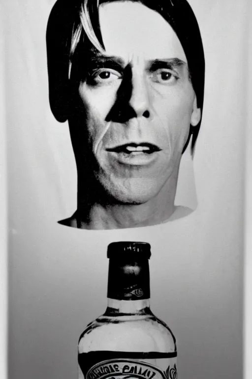 Prompt: a vintage sodapop glass bottle with iggy pop's face on the label