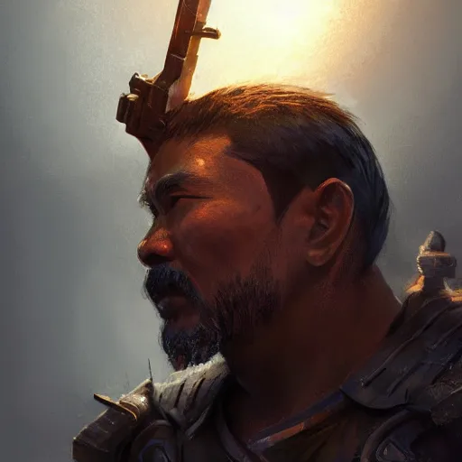 Image similar to side profile of a filipino man sitting on a tank wielding a scepter, highly detailed, d & d, fantasy digital painting, trending on artstation, concept art, sharp focus, illustration, volumetric light, intricate, matte, art by artgerm and greg rutkowski