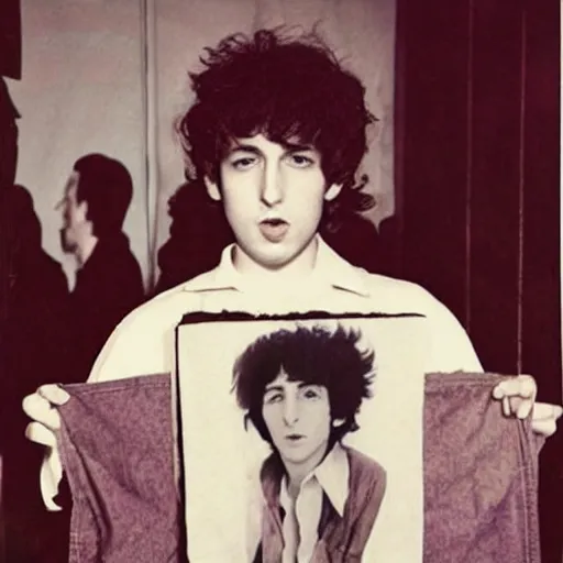 Image similar to young bob dylan holding an anime dakimakura, music cover art.