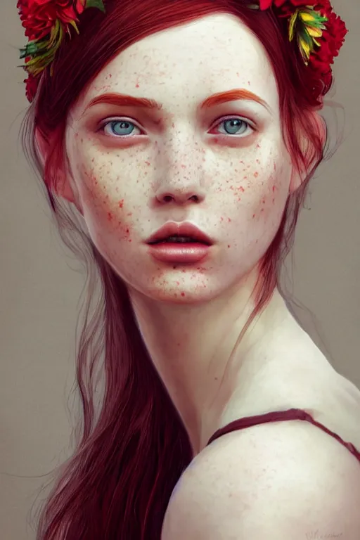 Prompt: A portrait of a beautiful red haired girl with freckles, wearing a flower headpiece, porcelain skin, cinematic lighting, photo realistic, highly detailed, maya, digital painting, artstation, concept art, sharp focus, illustration, by WLOP