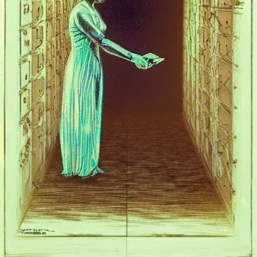 Prompt: A drawing. A rip in spacetime. Did this device in her hand open a portal to another dimension or reality?! autochrome, x-ray photography by Les Edwards, by John Perceval aesthetic