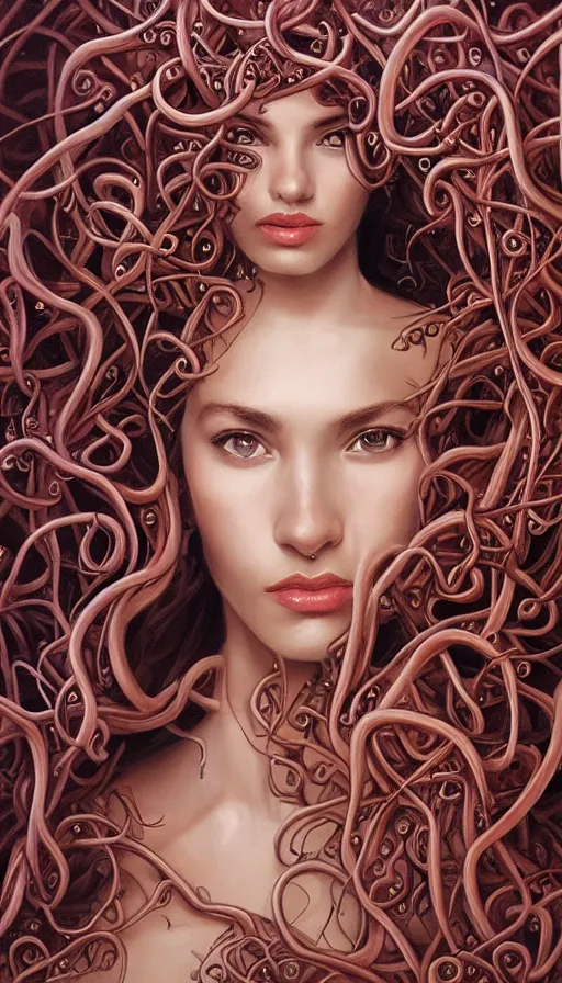 Image similar to very detailed portrait of a 2 0 years old girl surrounded by tentacles, the youg woman visage is blooming from fractal and vines, by rob hefferan