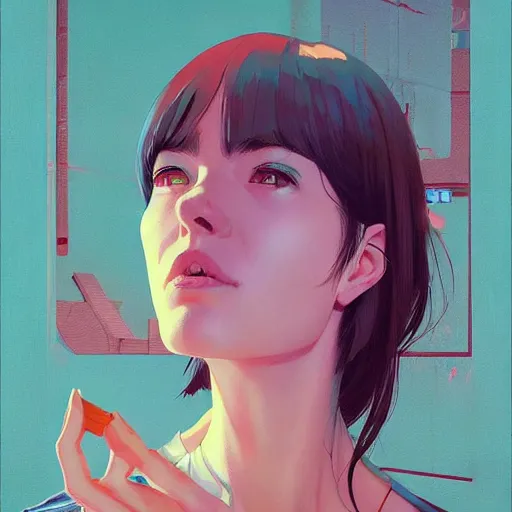 Image similar to Portrait of a cute woman, very coherent, painted by painted by James Gilleard, airbrush, art by JamesJean and fine details. Anime. realistic shaded lighting poster by Ilya Kuvshinov katsuhiro otomo ghost-in-the-shell, magali villeneuve, artgerm, Jeremy Lipkin and Michael Garmash and Rob Rey