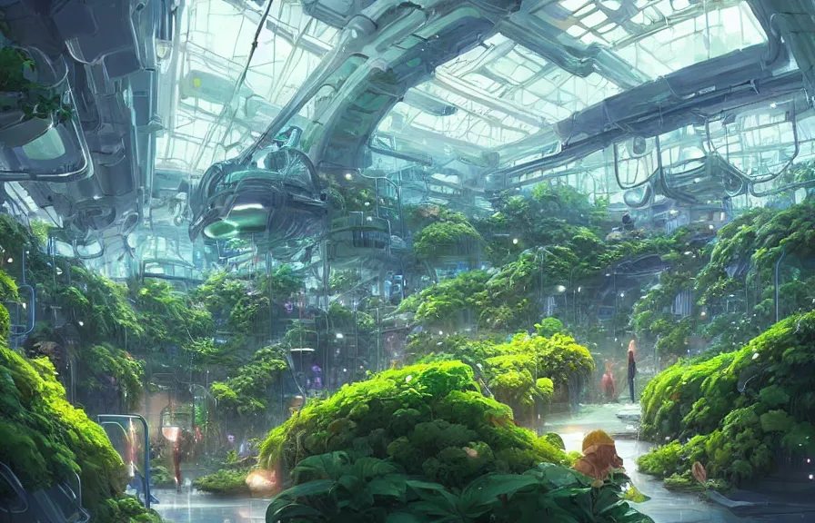 Image similar to concept art of a lush indoor hydroponics lab in a far - future utopian city, key visual, ambient lighting, highly detailed, digital painting, artstation, concept art, sharp focus, by makoto shinkai and akihiko yoshida and hidari and wlop