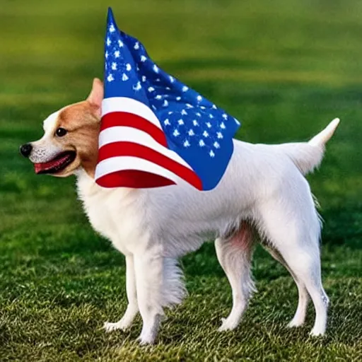 Prompt: a dog with a trident, riding a patriotic bald eagle