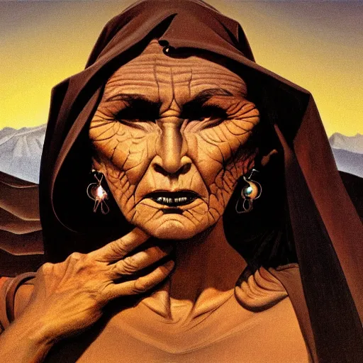 Prompt: conjecture of wise old beautiful woman face Desert Spirit, under unresolved evil moon illusion, in the style of Frank Frazetta, Jeff Easley, Caravaggio, extremely clear and coherent, clear lines, 8K revolution