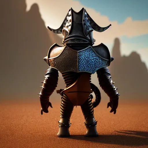 Image similar to antropomorphic medieval knight crocodile warrior as nendoroid walking in a desert in the croods movie style, anime, disney, pixar, 8 k, hd, dof, kodak film, volumetric lighting, subsurface scattering, photorealistic, octane render, details