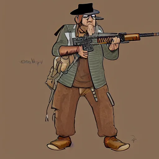 Image similar to nerdy neckbeard sniper, illustrated, detailed