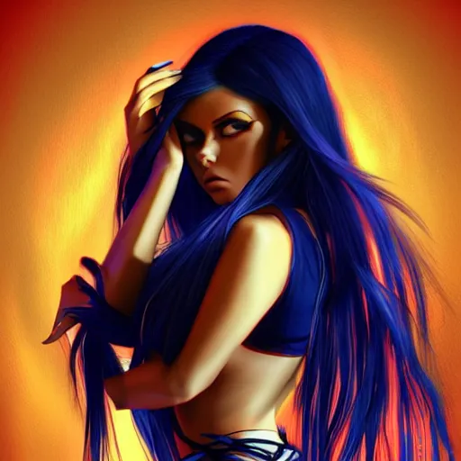 Prompt: portait of haifa wehbe, sadness look, long hair blue centred, hd, digital painting, unreal engine, final fantasy style, amazing red orange background theme