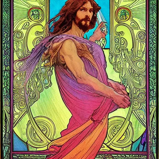 Image similar to “colorfull artwork by Franklin Booth and Alphonse Mucha and Moebius showing a portrait of Jesus riding a dinosaur”