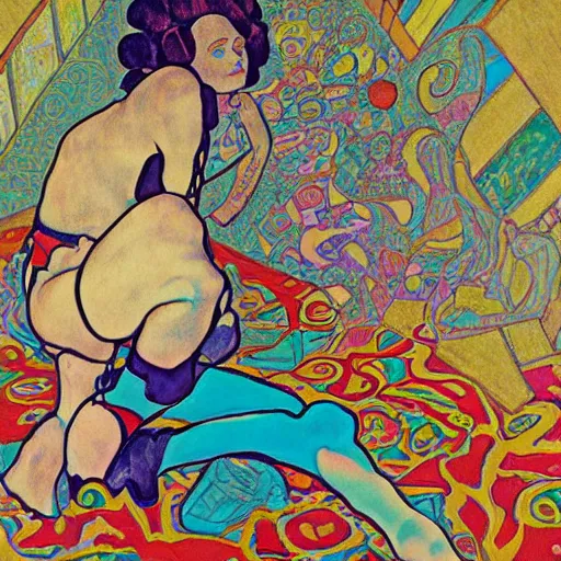 Prompt: rocker goth teen girl laying on the floor, writing on a journal. 1970s colorful psychedelic bedroom. Trippy. Mucha. Stylized. Egon schiele