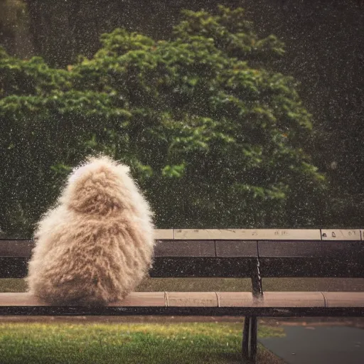 Image similar to a photo of a fluffy monster sitting at a park bench alone in the rain, moody, nostalgic, 8 k uhd