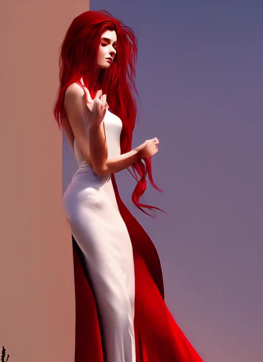 Image similar to photo of a gorgeous female with long red her, dressed in a white transparant gown in the style of stefan kostic, realistic, sharp focus, 8 k high definition, insanely detailed, intricate, elegant, art by stanley lau and artgerm