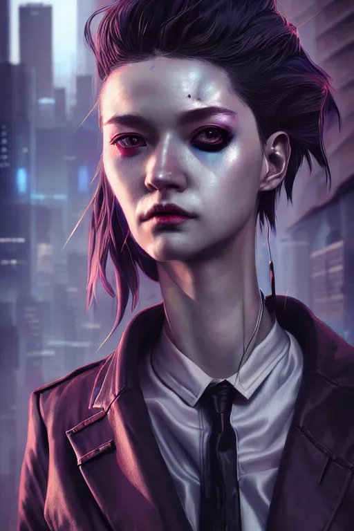 Image similar to hyperdetailed close portrait of a woman in a worn out suit in a cyberpunk city inspired by ross tran and wlop and masamune shirow and kuvshinov, concept art, intricate, photorealistic, octane render, rtx, hdr, unreal engine, dnd digital art by artgerm