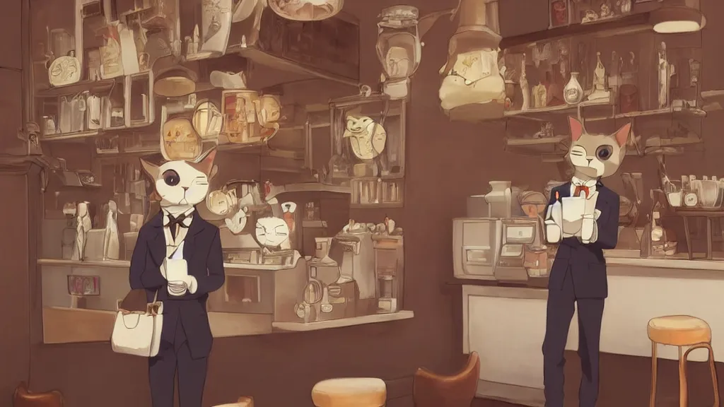 Image similar to a highly detailed portait of a cute little anthropomorphic cat barista wearing a suit in a parisian coffee shop by studio ghibli, tiny, small, cute and adorable, pretty, beautiful, character art portrait, matte painting, Artstation