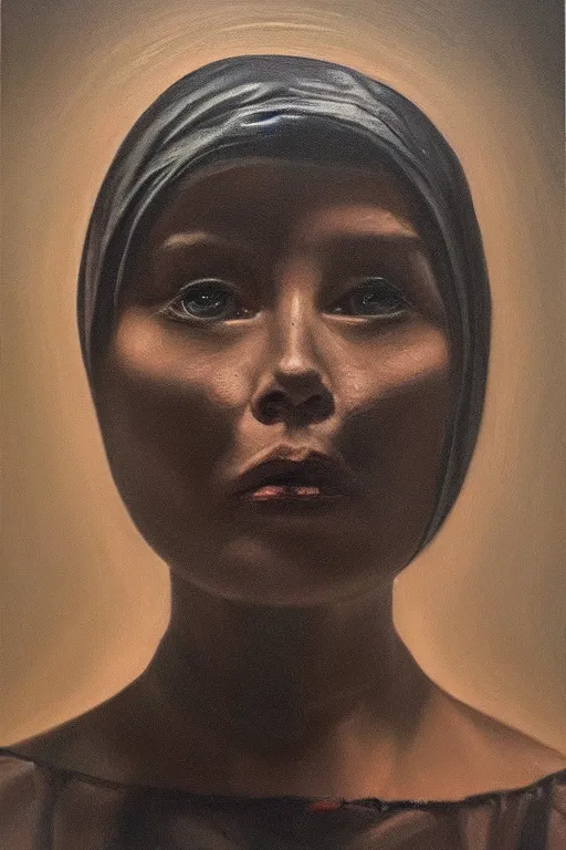 Prompt: hyperrealism oil painting, complete darkness background, close - up face portrait from above, nun fashion model lost her faith