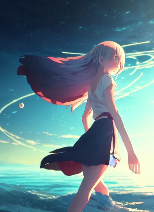 Prompt: anime girl walking on water, ripples, backdrop of dawn, saturn in the background, illustration, concept art, anime, key visual, trending pixiv fanbox by wlop and greg rutkowski and makoto shinkai and studio ghibli