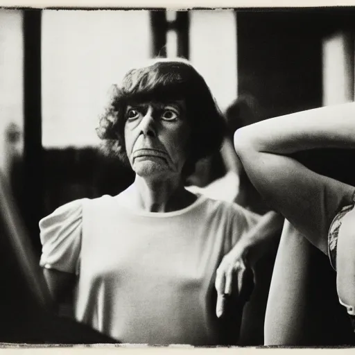 Image similar to high quality, high detail, ultra sharp photograph by diane arbus and vivian maier, hd, strange faces, intense fear of unknown, photorealistic lighting