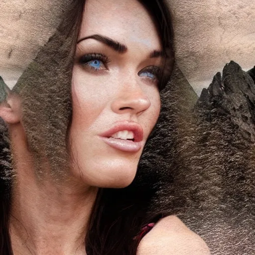 Image similar to double - exposure effect of megan fox face in beautiful mountains, in the style of dan mountford, amazing detail