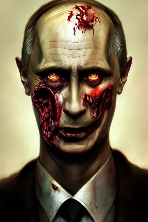 Image similar to Zombie Vladimir Putin, fantasy, portrait, highly detailed, digital painting, artstation, concept art, smooth, sharp focus, illustration, cinematic lighting, art by artgerm and greg rutkowski and alphonse mucha