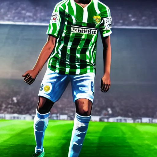 Prompt: kylian mbappe dressed with the betis football team shirt in the benito villamarin, 4 k extremely photorealistic, high contrast colors, hyper detailed!!