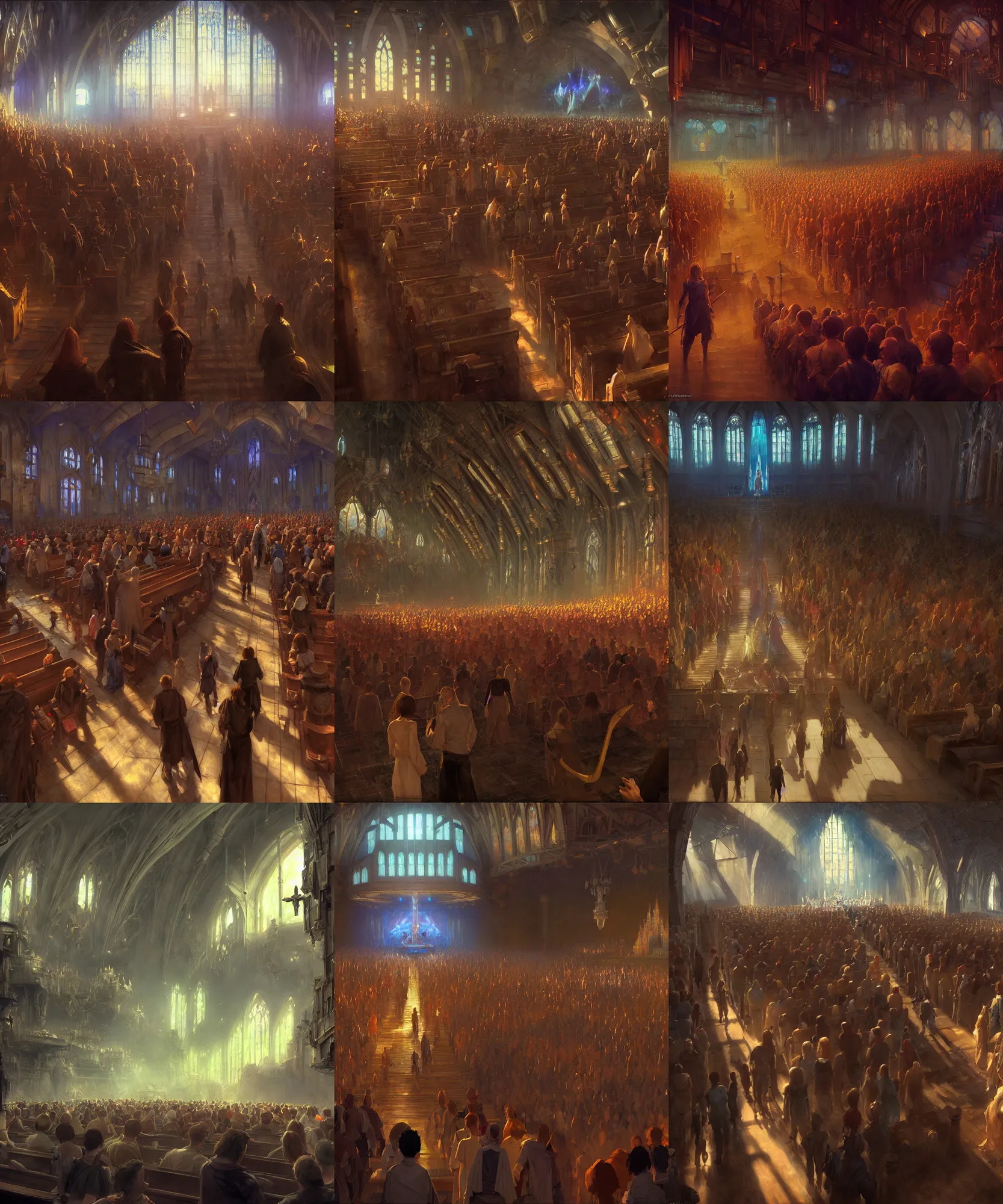 Prompt: fantasy movie scene craig mullins and ghibli and james gurney digital painting of a crowd in a futuristic church, strong contrast, priest, pews, inviting, day light, raking light, unreal engine, hyper realism, realistic shading, cinematic composition, blender render, octane render, hdr, detailed textures, photorealistic, sharp focus, wide shot