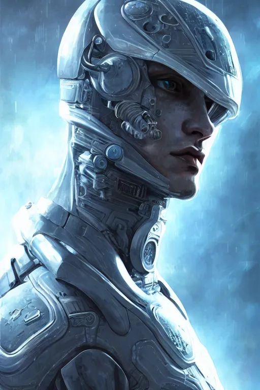 Image similar to ultra realist and ultra intricate detailed soft painting of a sci-fi armored male, from the waist up, porcelain skin, symmetry features, glowing blue eyes, sensual gloomy style, volumetric clouds, cyberpunk window overlooking earth in background, artstation, unreal render, depth of field