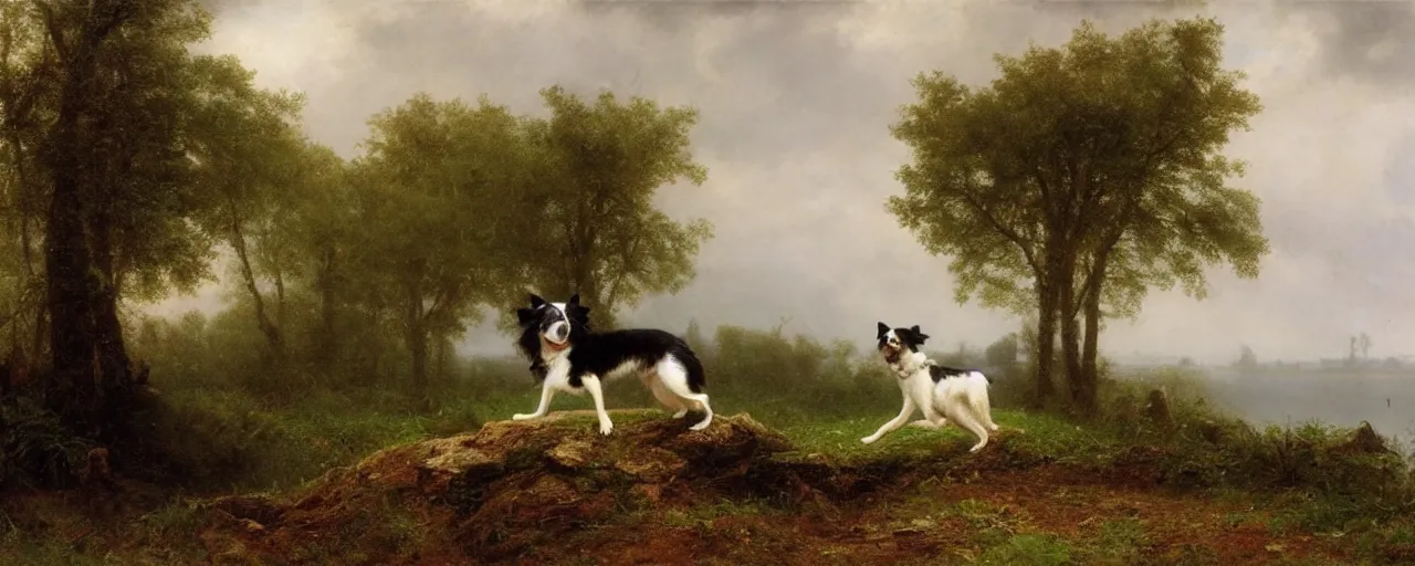 Image similar to a picture of a border collie by the lakeside in the rain, robert cleminson, carl friedrich deiker, albert bierstadt, heavy downpour, dog in the rain