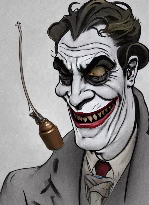 Prompt: a still of a Jewish caricature as the Joker, hooked nose with a convex nasal bridge and a downward turn of the tip of the nose, Gotham city, sigma male, accurately portrayed, portrait art by alphonse mucha and greg rutkowski, highly detailed, digital painting, concept art, illustration, dim lighting with twilight rays of sunlight, trending on artstation, very detailed, smooth, sharp focus, octane render, close up
