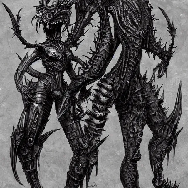 Image similar to an female humanoid dressed like a punk as a fusion of a dragon, a kaiju, and a deathclaw in the style of leonard boyarsky in the style of h. r. giger in the style of frank frazetta trending on artstation deviantart pinterest detailed hyper detailed photorealistic hd 8 k post - processing high resolution