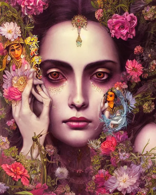 Image similar to portrait of the indian queen of the underworld, surrounded by flowers by karol bak, james jean, tom bagshaw, rococo, sharp focus, trending on artstation, cinematic lighting, hyper realism, octane render, 8 k, hyper detailed.