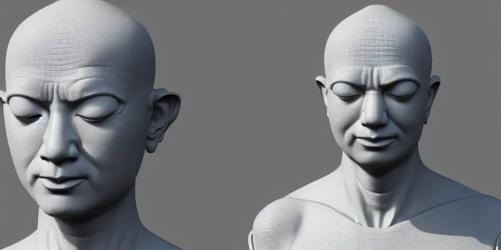 Image similar to hyper realistic 3 d render of a bust of meditating robotic body style monk in cyberpunk style, ultra realistic 8 k resolution.