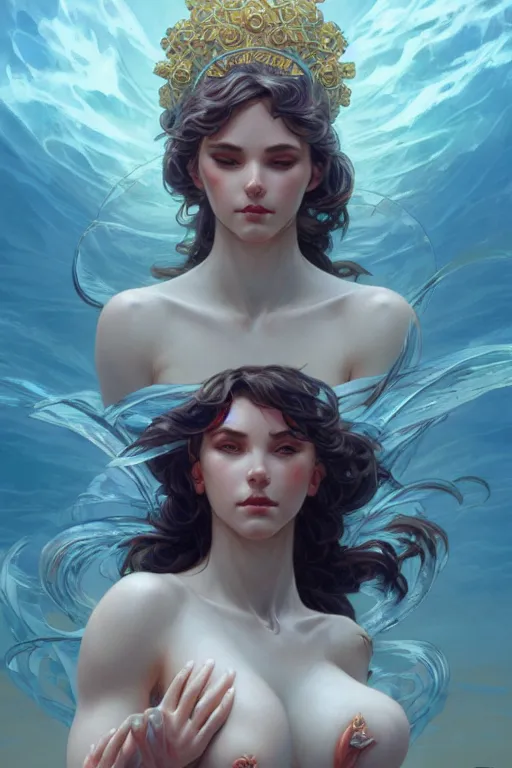 Image similar to goddess of the ocean, accurate anatomy, only two hands, highly detailed, digital painting, artstation, concept art, smooth, sharp focus, illustration, Unreal Engine 5, 8K, art by Artgerm and greg rutkowski and alphonse Mucha