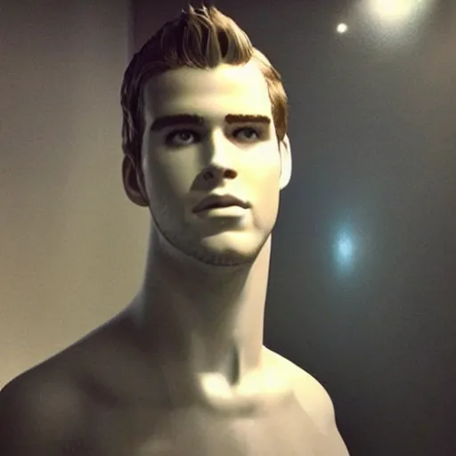 Image similar to “ a realistic detailed photo of a guy who is an attractive humanoid who is half robot and half humanoid, who is a male android, actor liam hemsworth, shiny skin, posing like a statue, blank stare, at the museum, on display ”