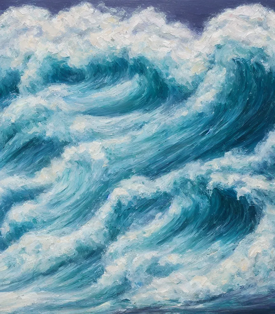 Image similar to an impasto oil painting of a beautiful hawaiian waves, monochromatic color scheme, high detail, breathtaking wave, modern art, abstract art, soft colors